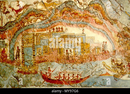 . fresco from the bronze age excavation of Akrotiri, Santorini, Greece. This image shows a cycladic town and boats in its harbour.  1600 B.C.. unknown minoan artist 27 Akrotiri minoan town Stock Photo