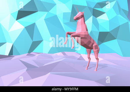 Stylized 3D mesh of a unicorn with low-poly background in pink and blue colors Stock Photo