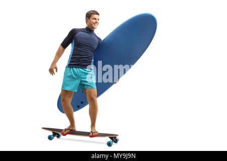 Full length portrait of a surfer with a surfboard riding a longboard isolated on white background Stock Photo