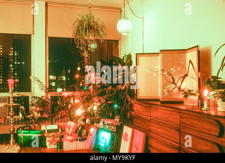 1980, Christmas Tree in NYC Apartment, USA Stock Photo