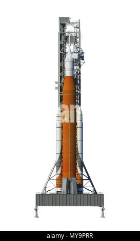 Space Launch System On Launchpad Isolated Over White Background Stock Photo