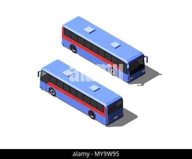 Blue passenger bus. Two different views vector isometric illustration. Stock Vector