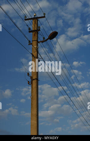 Old wooden electric pole with wires and blue sky Stock Photo - Alamy