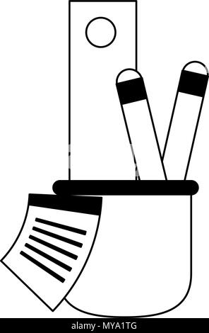 Ruler and pens in cup in black and white colors Stock Vector