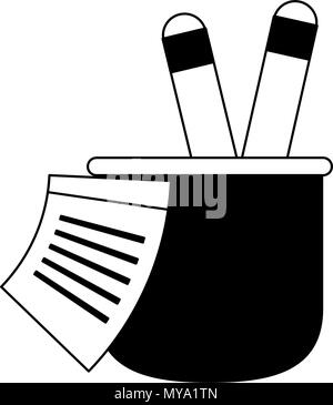 Ruler and pens in cup in black and white colors Stock Vector