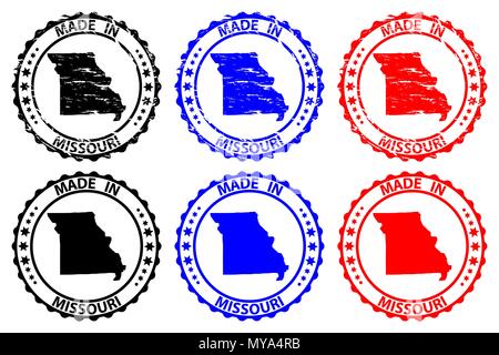 Made in Missouri - rubber stamp - vector, Missouri (United States of America) map pattern - black, blue  and red Stock Vector