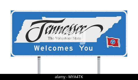 Vector illustration of Tennessee Welcomes You blue road sign with the official nickname 'The Volunteer State' Stock Vector