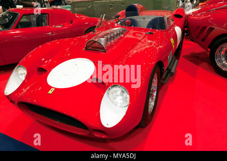Three-quarter front view of a Ferrari  250 TR59 on display at the 2018 London Classic Car Show Stock Photo