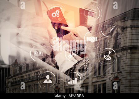 Business process management with workflow automation diagram and gears in virtual flowchart.brunette woman using smart phone and digital tablet comput Stock Photo
