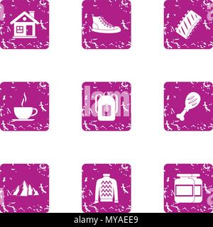 Cozy evening icons set, grunge style Stock Vector