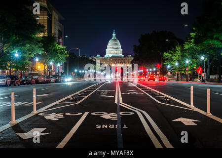 Bike lanes on Pennsylvania Avenue and the United States Capitol at night, in Washington, DC. Stock Photo