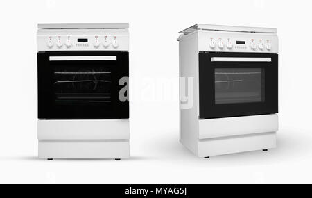 modern household kitchen oven in two review provisions on a white background. kitchen appliances. Isolated Stock Photo