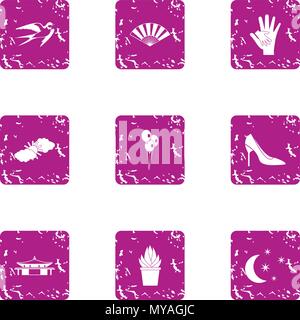 Oriental person icons set, grunge style Stock Vector