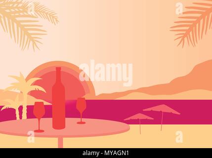 Tropical beach with parasols, sea with sunset, table with bottle of wine and two glasses - vector Stock Vector