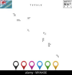 Vector Dotted Map of Tuvalu. Simple Silhouette of Tuvalu. The National Flag of Tuvalu. Set of Multicolored Map Markers Stock Vector