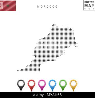 Vector Dotted Map of Morocco. Simple Silhouette of Morocco. National Flag of Morocco. Set of Multicolored Map Markers Stock Vector