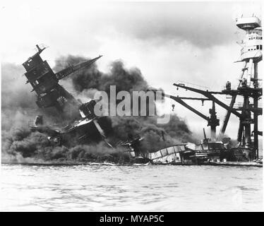 The battleship USS ARIZONA sinking after being hit by Japanese air attack on Dec. 7,1941., 12071941 Stock Photo