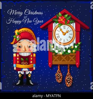 Template Christmas greeting card with Nutcracker and vintage cuckoo clocks on a blue background. Vector illustration. Stock Vector