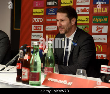 Innsbruck, Austria - May 30, 2018. Austrian national football team coach Franco Foda at a press conference after international friendly Austria vs Rus Stock Photo