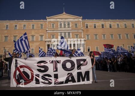Party members of Greek party Chrysi Avgi (Golden Dawn) in front of Parliament, during rally against Islam. Banner 'Stop Islam'. 29.05.2018 | usage worldwide Stock Photo