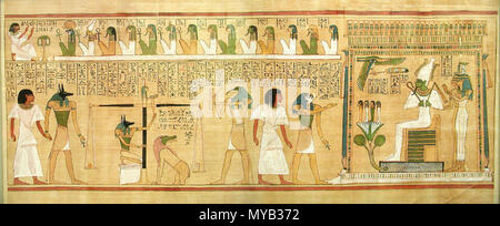 .  Français : Jugement de l'âme et pesée du cœur, extrait du Livre des Morts du fr:Papyrus de Hounefer. English: Weighing of the heart scene, with en:Ammit sitting, from the book of the dead of Hunefer. From the source: 'The judgement, from the papyrus of the scribe Hunefer. 19th Dynasty. Hunefer is conducted to the balance by jackal-headed Anubis. The monster Ammut crouches beneath the balance so as to swallow the heart should a life of wickedness be indicated. EA9901.' Anubis conducts the weighing on the scale of Maat, against the feather of truth. The ibis-headed Thoth, scribe of the gods,  Stock Photo