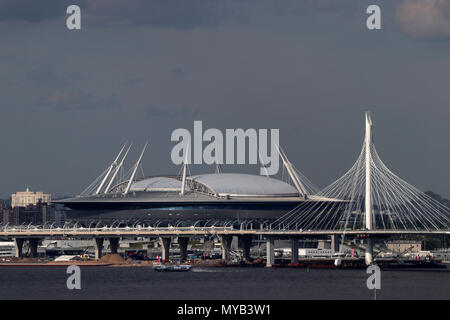 View of Saint Petersburg Stadium, also known as Krestowski Stadium in St Petersburg, Russia. Taken 10.06.2017. The stadium has capacity for more than 68,000 spectators and was built on Krestowksi island on the site of the former Kirov Stadium that was torn down in 2006 to make way for the new construction. The first national game in the new stadium was for the Confed Cup on 17 June, 2017. Photo: Peter Zimmermann/dpa-Zentralbild/ZB | usage worldwide Stock Photo