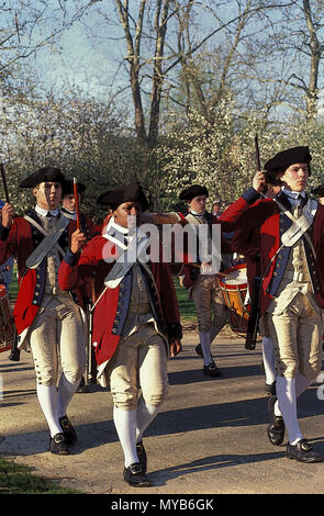 The Colonial Williamsburg Senior Fife and Drum Corp marching in columns of twos, with fifes and drum, multiracial,  Colonial Williamsburg, VA, USA Stock Photo