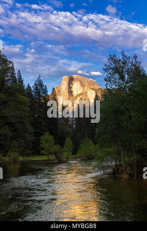 Evening light on Half Dome above the Merced River, Yosemite National Park, California USA Stock Photo