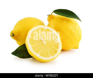 Fresh lemons with cut and green leaves isolated on white background with clipping path Stock Photo