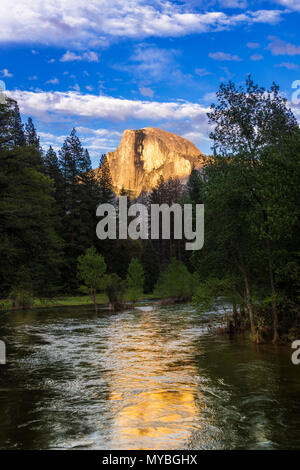 Evening light on Half Dome above the Merced River, Yosemite National Park, California USA Stock Photo