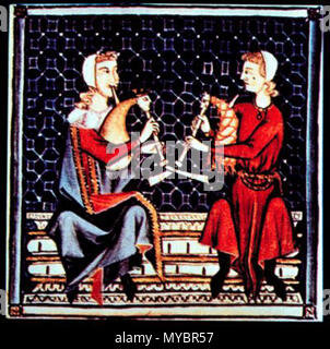 . Illustration from Cantigas de Santa Maria manuscript. The Cantigas de Santa Maria (Songs to the Virgin Mary) are manuscripts written in Galician-Portuguese, with music notation, during the reign of Alfonso X El Sabio (1221-1284) and are one of the largest collections of monophonic (solo) songs from the middle ages. . Unknown 95 Cantiga bagpipes 2 Stock Photo
