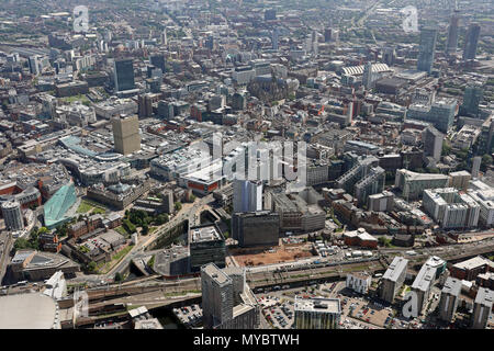 aerial view of Deansgate, Manchester looking from the North East along the River Irwell, June 2018 Stock Photo