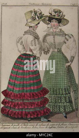 . Hand colored engraved fashion plate from Costumes Parisiens, a French ...