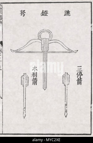 . Ancient drawing of a Chinese crossbow. Miborovsky 127 Crossbow illustration Stock Photo