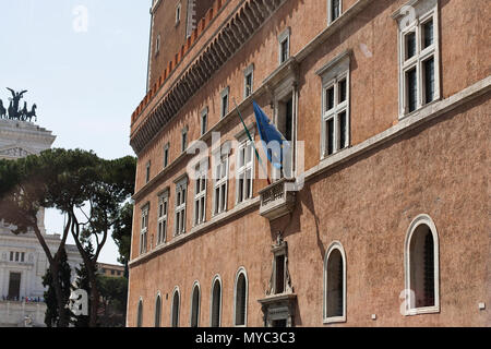May 10, 2016- Rome, Italy: The famous balcony where Adolf Hitler and Mussolini made famous speeches at National Museum of Palazzo Venezia Stock Photo