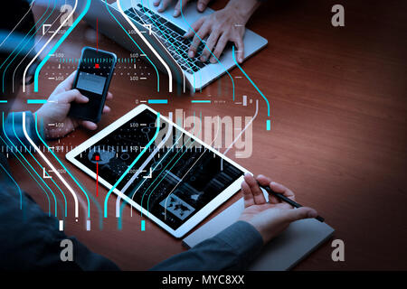 Business data analytics process management diagram.top view of businessman hands using digital pro tablet and smart phone with "Secure payment" on the Stock Photo