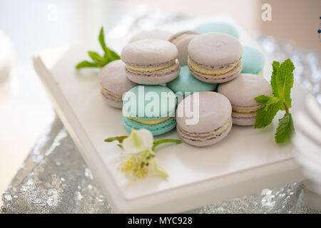Multicolored macaroons and fresh mint closeup on a platter. wedding reception Stock Photo