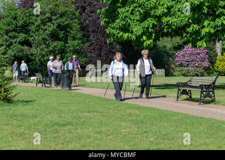 06 June 2018 - A group of elderly people practicing Nordic Walking along a path through the gardens of Castle Park, Frodsham, Cheshire, England, UK Stock Photo
