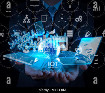 Internet of Things (IOT) technology with AR (Augmented Reality) on VR dashboard. businessman shows modern technology as concept Stock Photo