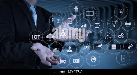Internet of Things (IOT) technology with AR (Augmented Reality) on VR dashboard. business man with an open hand as showing something concept Stock Photo