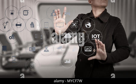 Internet of Things (IOT) technology with AR (Augmented Reality) on VR dashboard. businesswoman with an open hand as showing something concept Stock Photo