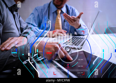 Health care and medical services with circular AR diagram record.Medical technology network team meeting concept. Doctor hand working smart phone mode Stock Photo