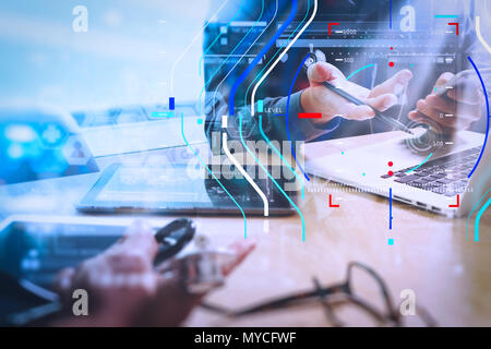 Health care and medical services with circular AR diagram record.Medical technology network team meeting concept. Doctor hand working smart phone mode Stock Photo