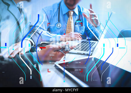 Health care and medical services with circular AR diagram record.Medical technology network team meeting concept. Doctor hand working smart phone mode Stock Photo