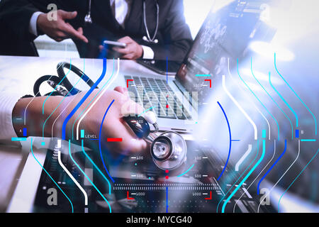 Health care and medical services with circular AR diagram record.Medical technology network team meeting concept. Doctor hand working smart phone mode Stock Photo