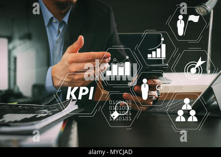 Key Performance Indicator (KPI) workinng with Business Intelligence (BI) metrics to measure achievement and planned target.businessman working with sm Stock Photo