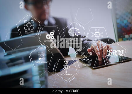 Machine learning technology diagram with artificial intelligence (AI),neural network,automation,data mining in VR screen.Businessman hand touching dig Stock Photo