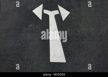 Double pointing arrow painted on the asphalt on a street with left and right pointing arrows indicating a turn conceptual of choices, opportunities an Stock Photo