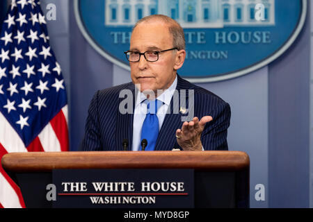 Press Briefing on the G7 with Larry Kudlow, Director of the United States National Economic Council, in the White House Press Briefing room at the White House in Washington. Stock Photo