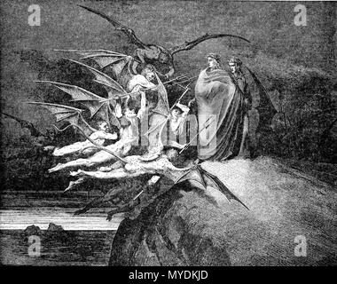 . High resolution scan of engraving by Gustave Doré illustrating Canto XXI of Divine Comedy, Inferno, by Dante Alighieri. Caption: The Demons threaten Virgil . 31 January 2008. scanned, post-processed, and uploaded by Karl Hahn 150 DVinfernoDemonsThreatenVirgil Stock Photo